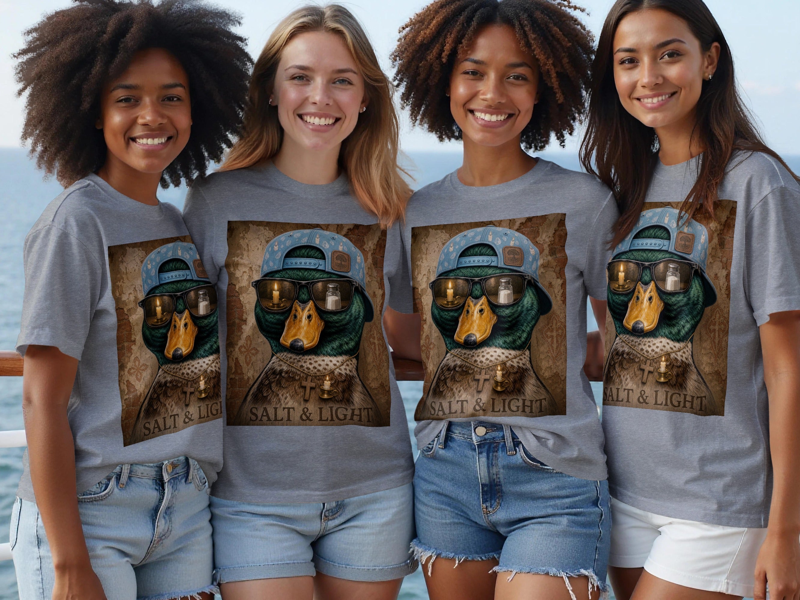 Four smiling women wear grey t-shirts with a graphic of a duck wearing a hat and sunglasses.
