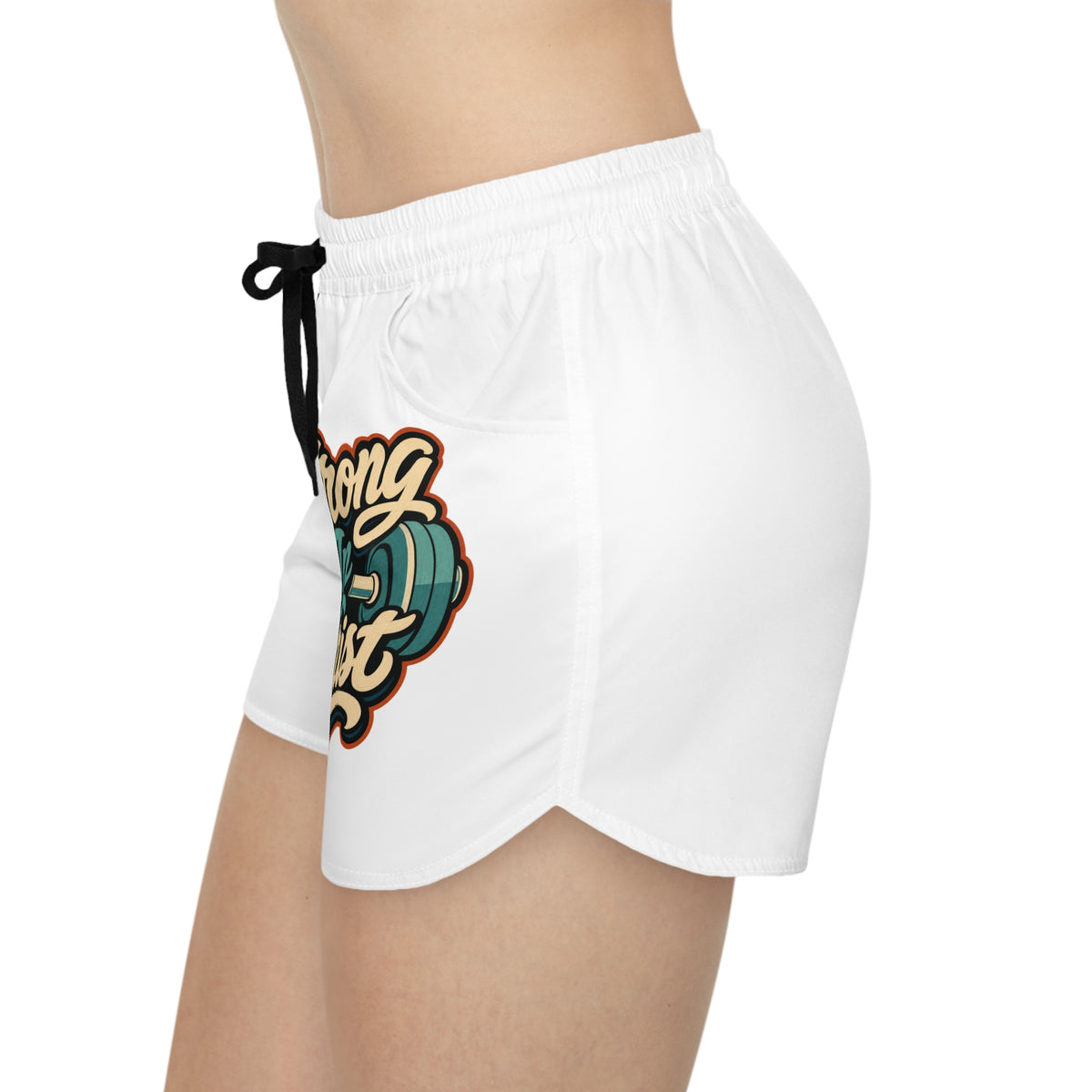 White athletic shorts with "Strong Feminist" text and dumbbell graphic.