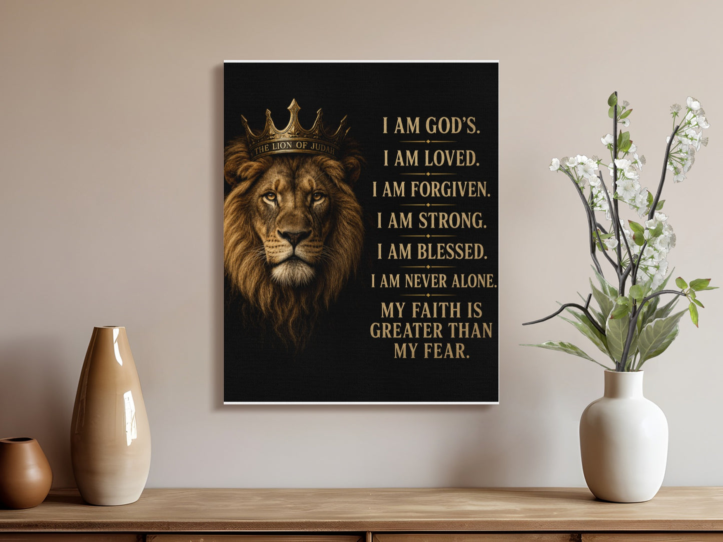 Lion with crown and inspirational text on black background.