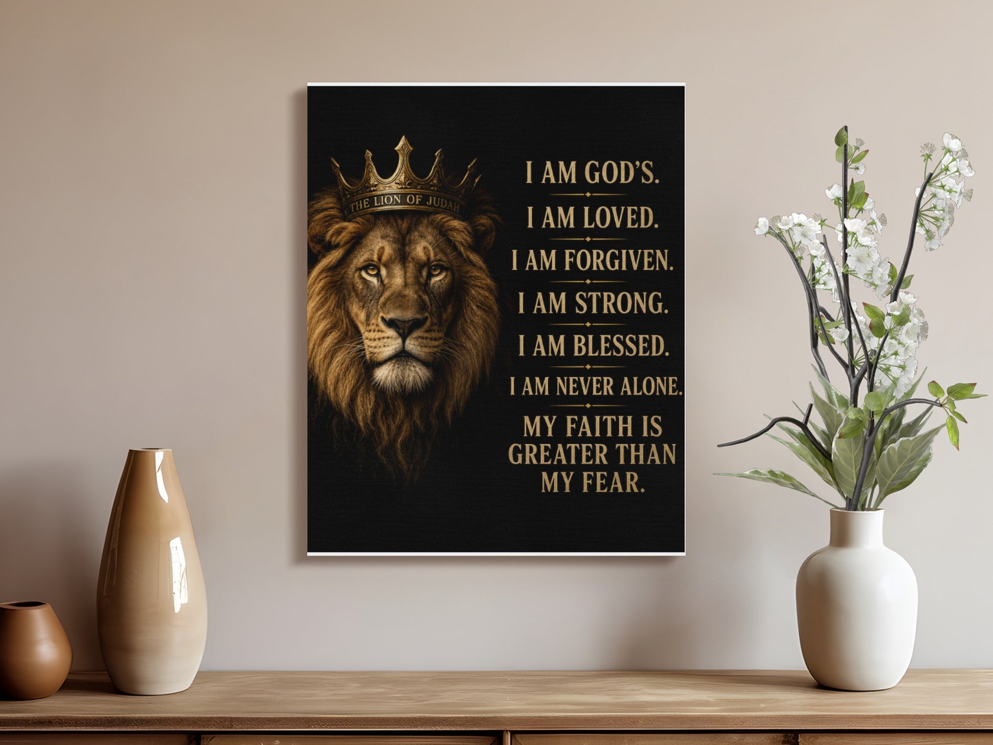 Lion with crown and inspirational text on black background.