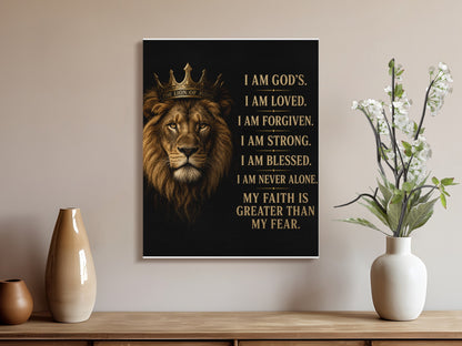 Lion with crown and inspirational text on black background.
