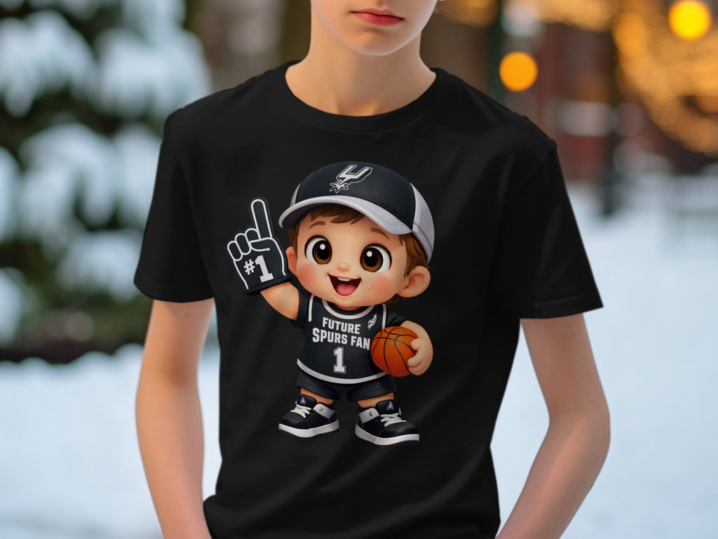 Cartoon boy in Spurs jersey and hat holds basketball, wearing #1 foam finger.
