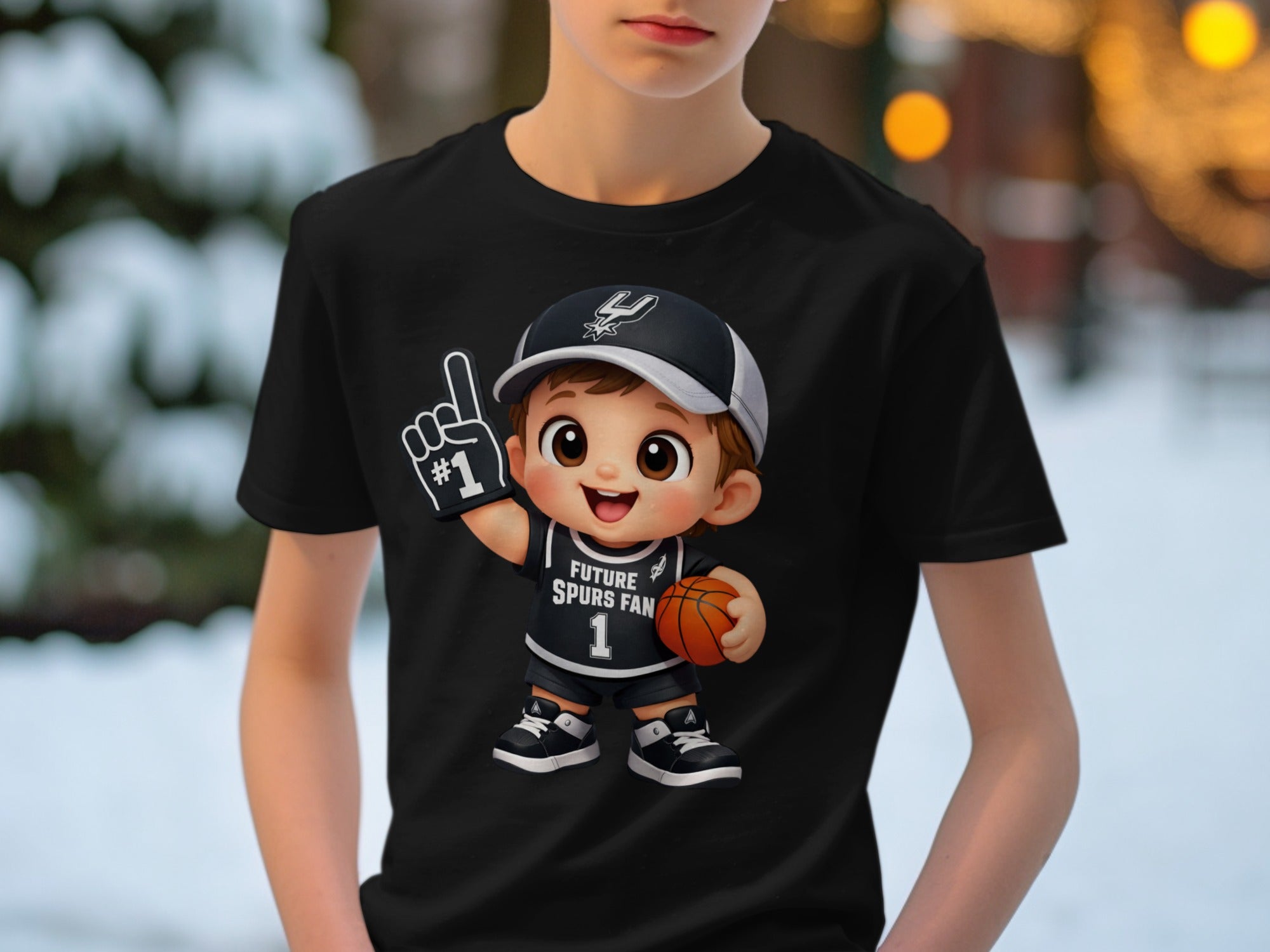 Cartoon boy in Spurs jersey and hat holds basketball, wearing #1 foam finger.