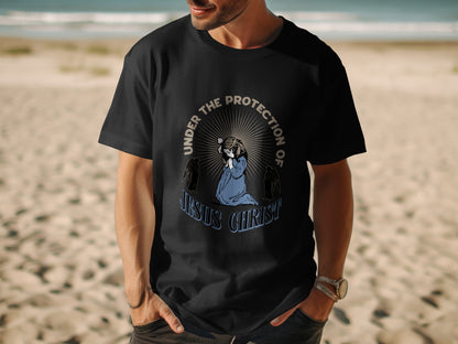 Black t-shirt featuring praying figure with "Under the Protection of Jesus Christ" text.