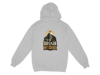 Grey hoodie with graphic of man walking path towards cross, text "God's Plan, My Grind."