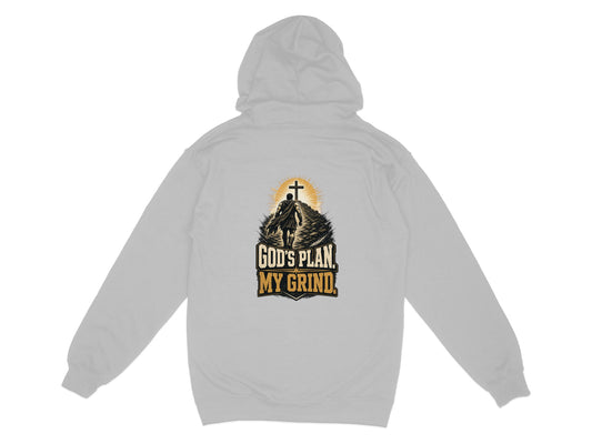 Grey hoodie with graphic of man walking path towards cross, text "God's Plan, My Grind."