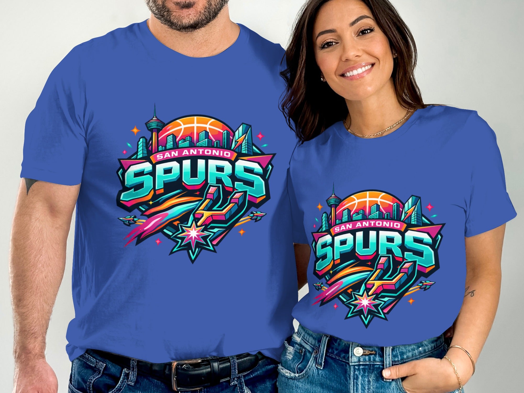 San Antonio Spurs graphic t-shirts featuring colorful skyline and basketball theme.