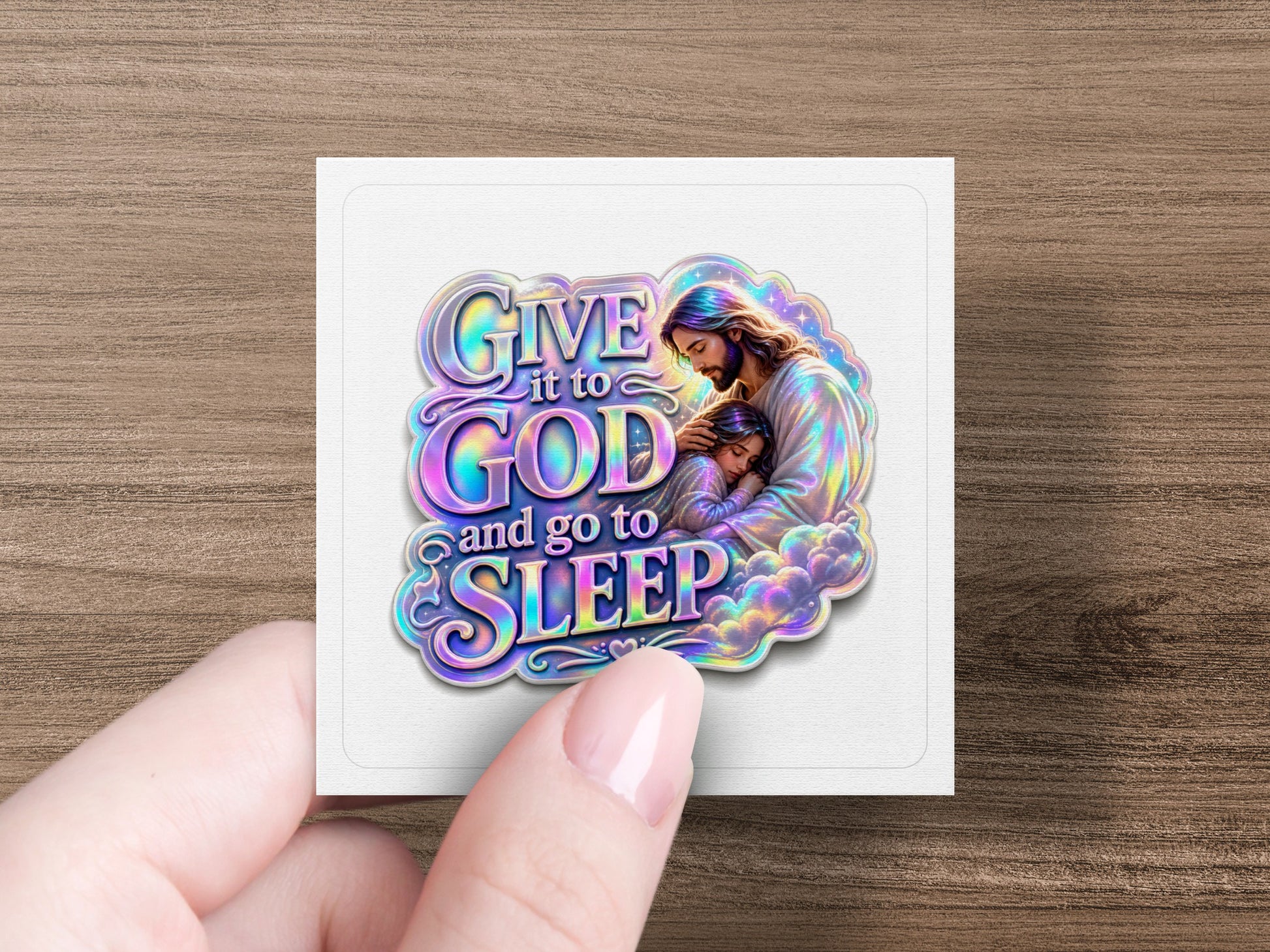 Jesus hugging a sleeping child with text "Give it to God and go to Sleep."