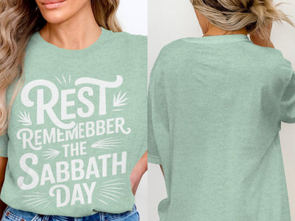 Mint green t-shirt with white text "Rest Remember The Sabbath Day".