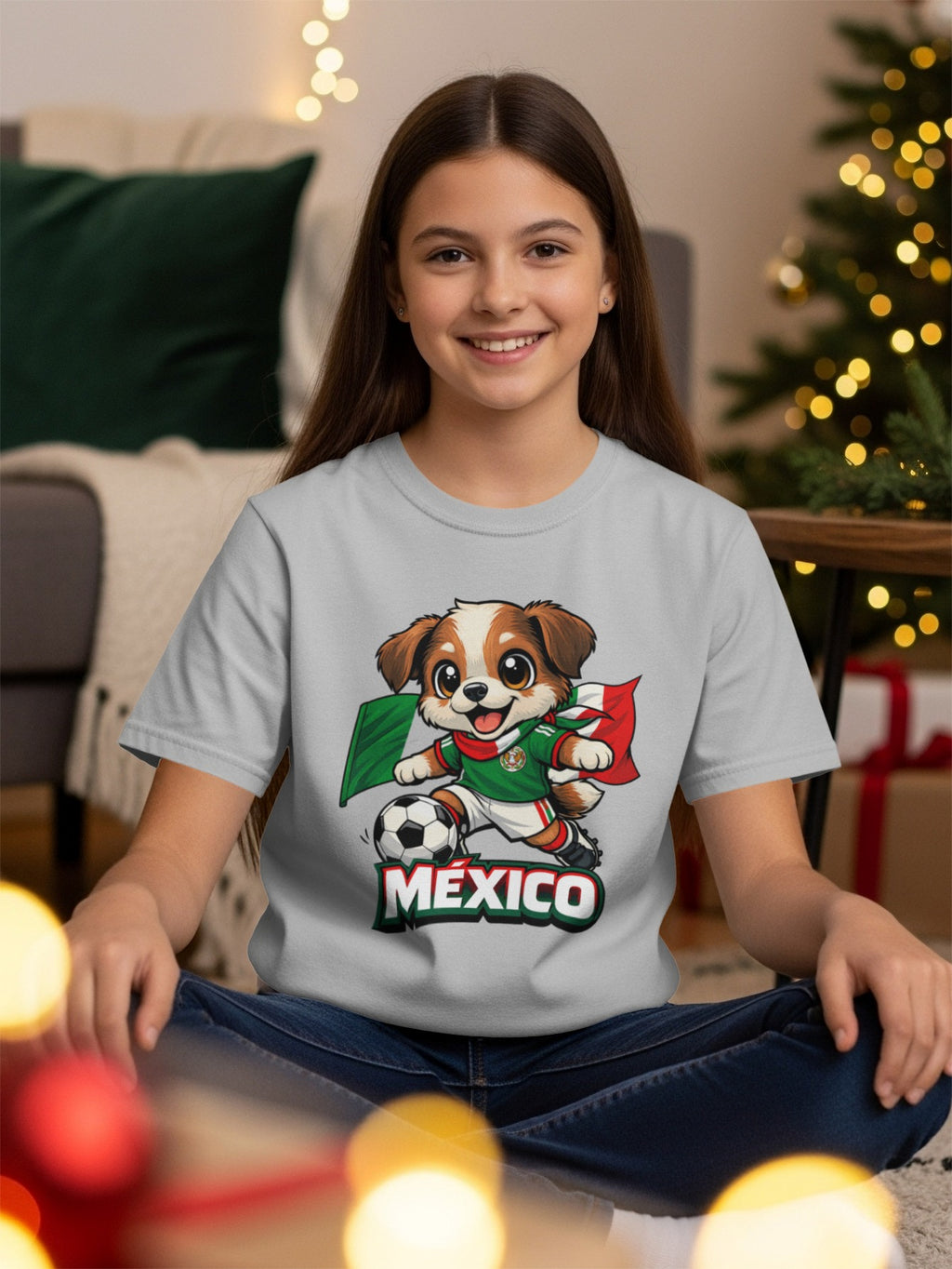 Cartoon dog in Mexico soccer jersey with flag and ball, text MEXICO.