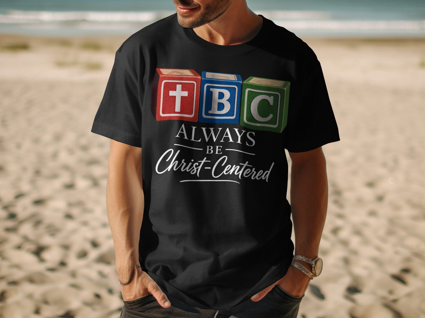 Black t-shirt with ABC blocks: Cross, B, C, and text "ALWAYS BE Christ-Centered."