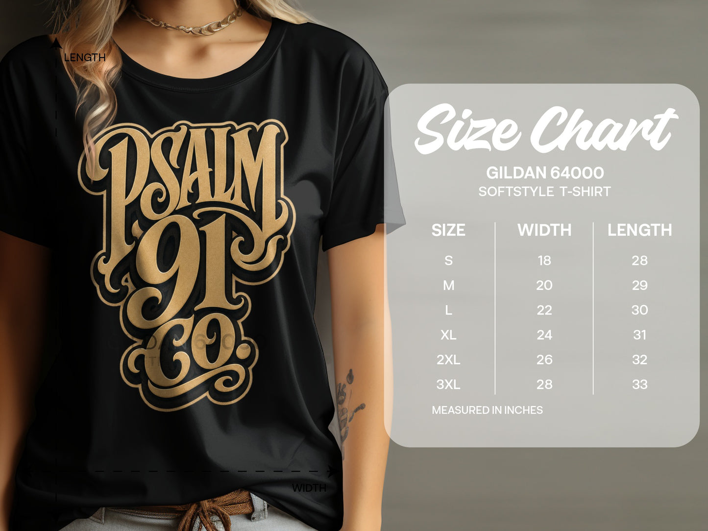 Black t-shirt with "PSALM 91 CO" graphic and Gildan 64000 size chart.