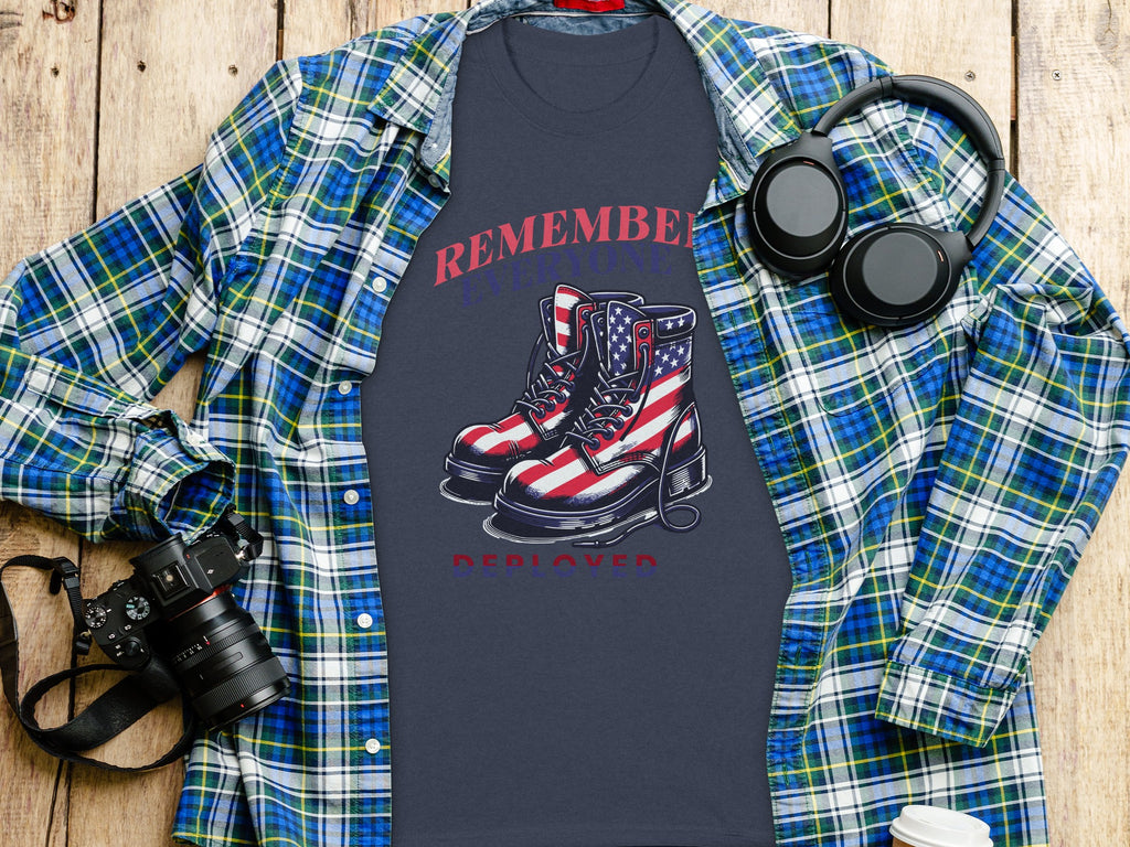 T-shirt with American flag boots and "Remember Everyone Deployed" text.