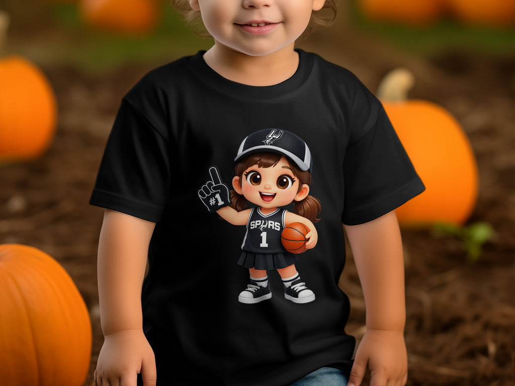 Black t-shirt with cartoon Spurs basketball player graphic for children.