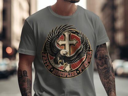 Eagle and cross graphic with text "Faith Discipline Purpose" on a grey t-shirt.
