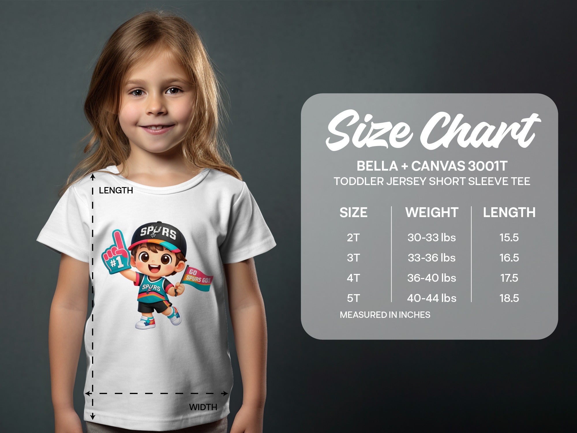 Toddler jersey size chart featuring a child and sizes 2T-5T with weight and length measurements.