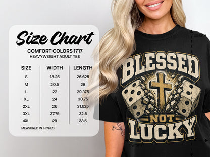 Size chart for Comfort Colors 1717 heavyweight adult tee featuring dice and cross graphic.