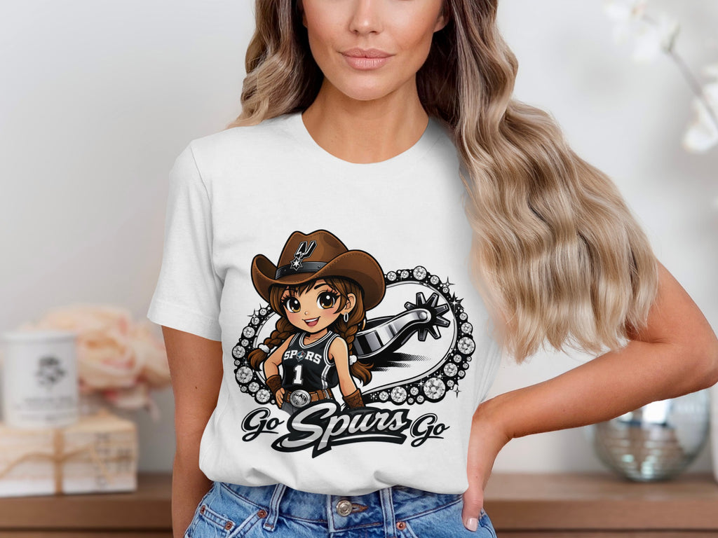 Chibi cowboy with Spurs basketball jersey and spur, saying "Go Spurs Go."