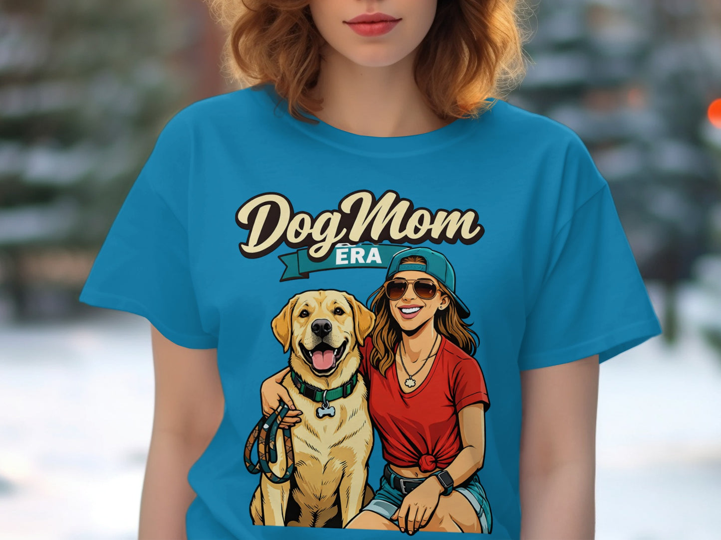 Dog Mom Era graphic with a woman hugging a happy Labrador Retriever.