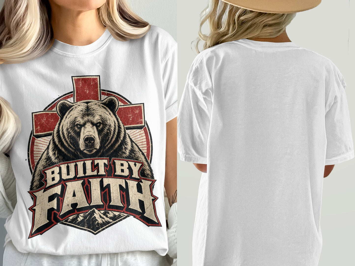 White t-shirt with a distressed graphic of a bear and cross with text "Built by Faith".