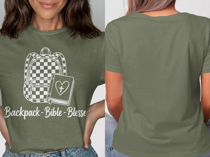 Olive green t-shirt with checkered backpack and bible graphic, text says Backpack-Bible-Blessed.