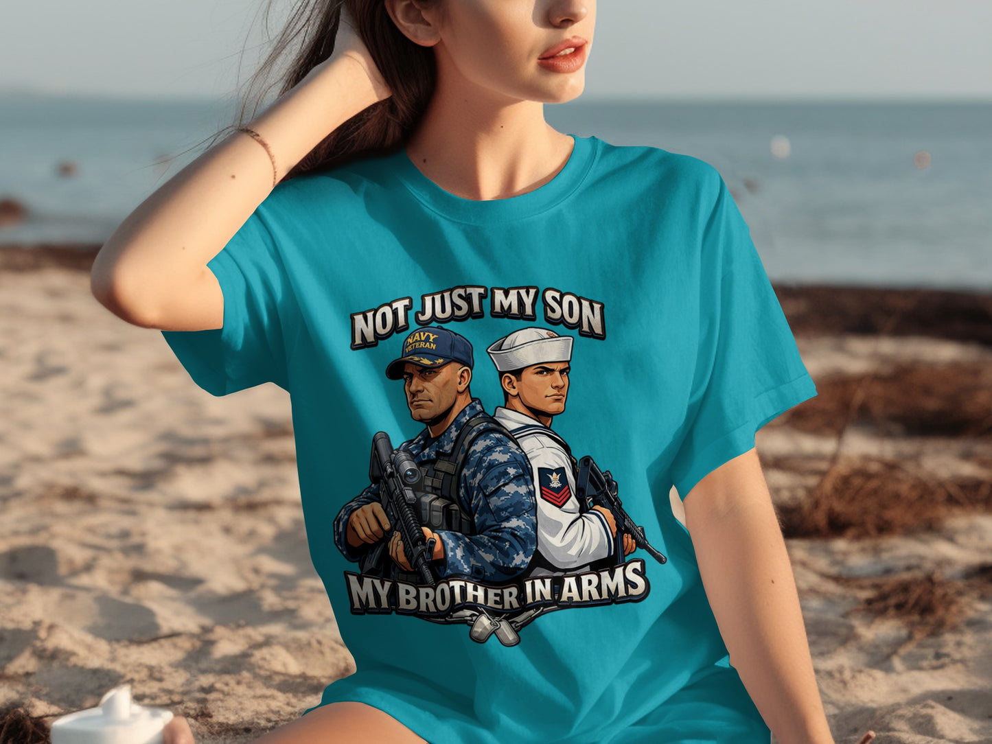 T-shirt graphic with Navy veteran and sailor holding rifles, "Not Just My Son My Brother In Arms."