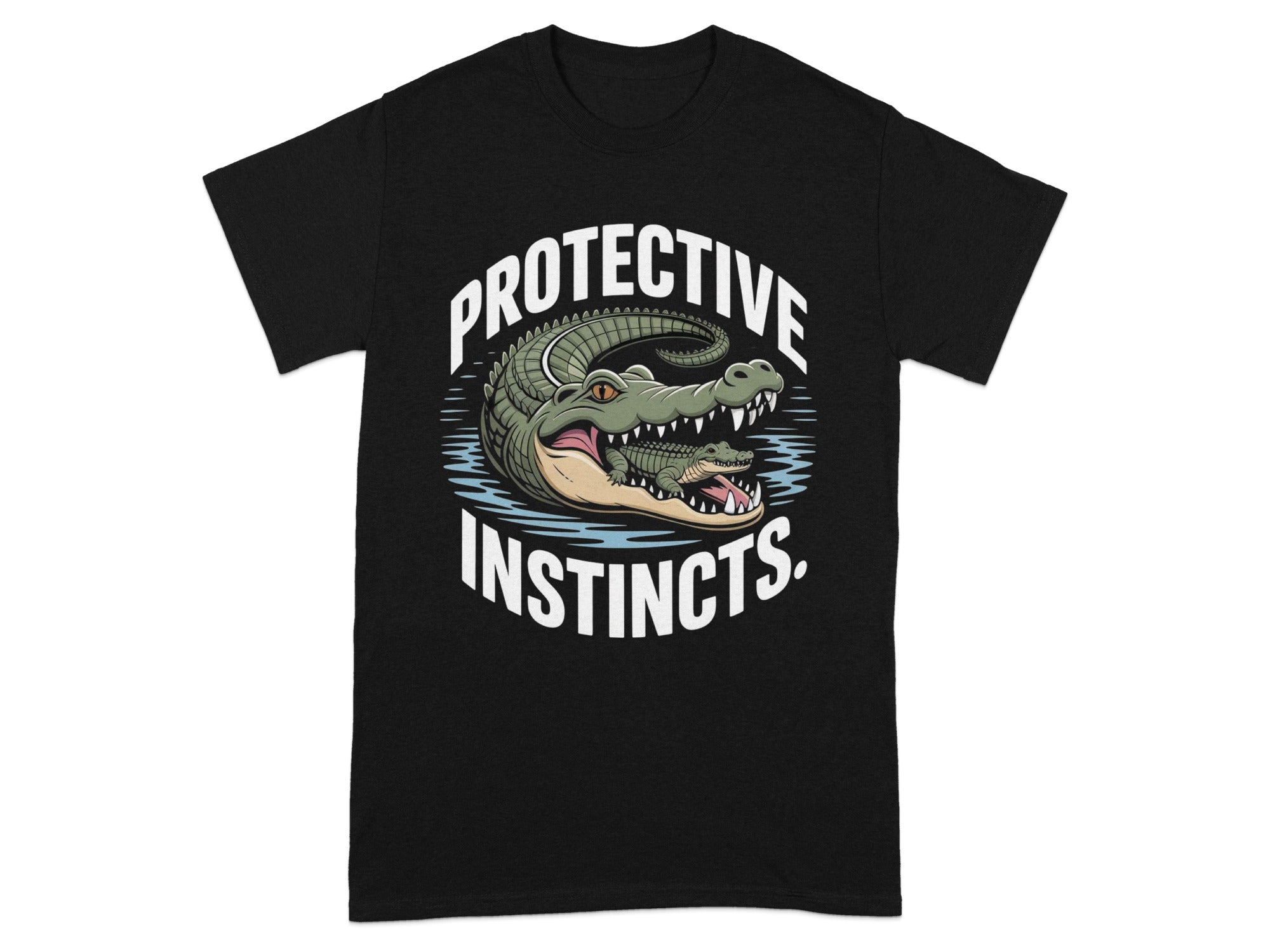 Black t-shirt with "PROTECTIVE INSTINCTS" text and an alligator with a baby alligator.
