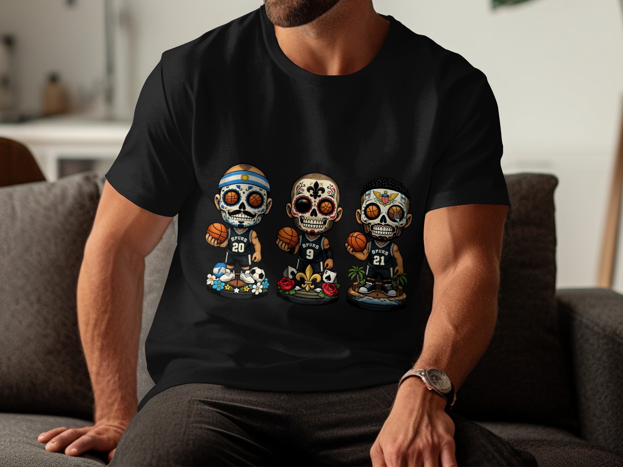 Black t-shirt with three sugar skull basketball players wearing Spurs jerseys.