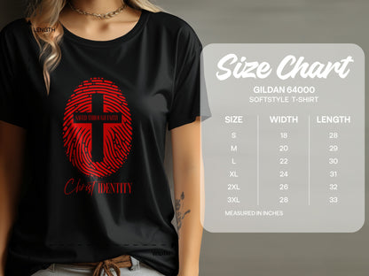Black t-shirt with red fingerprint cross and text "Saved Through Faith, Christ Identity".