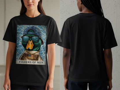 Black t-shirt with a graphic of a duck wearing a backwards baseball cap and sunglasses.