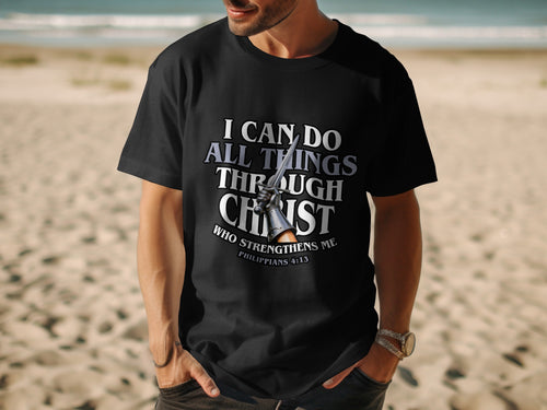 Black t-shirt with text "I CAN DO ALL THINGS THROUGH CHRIST" and "PHILIPPIANS 4:13".