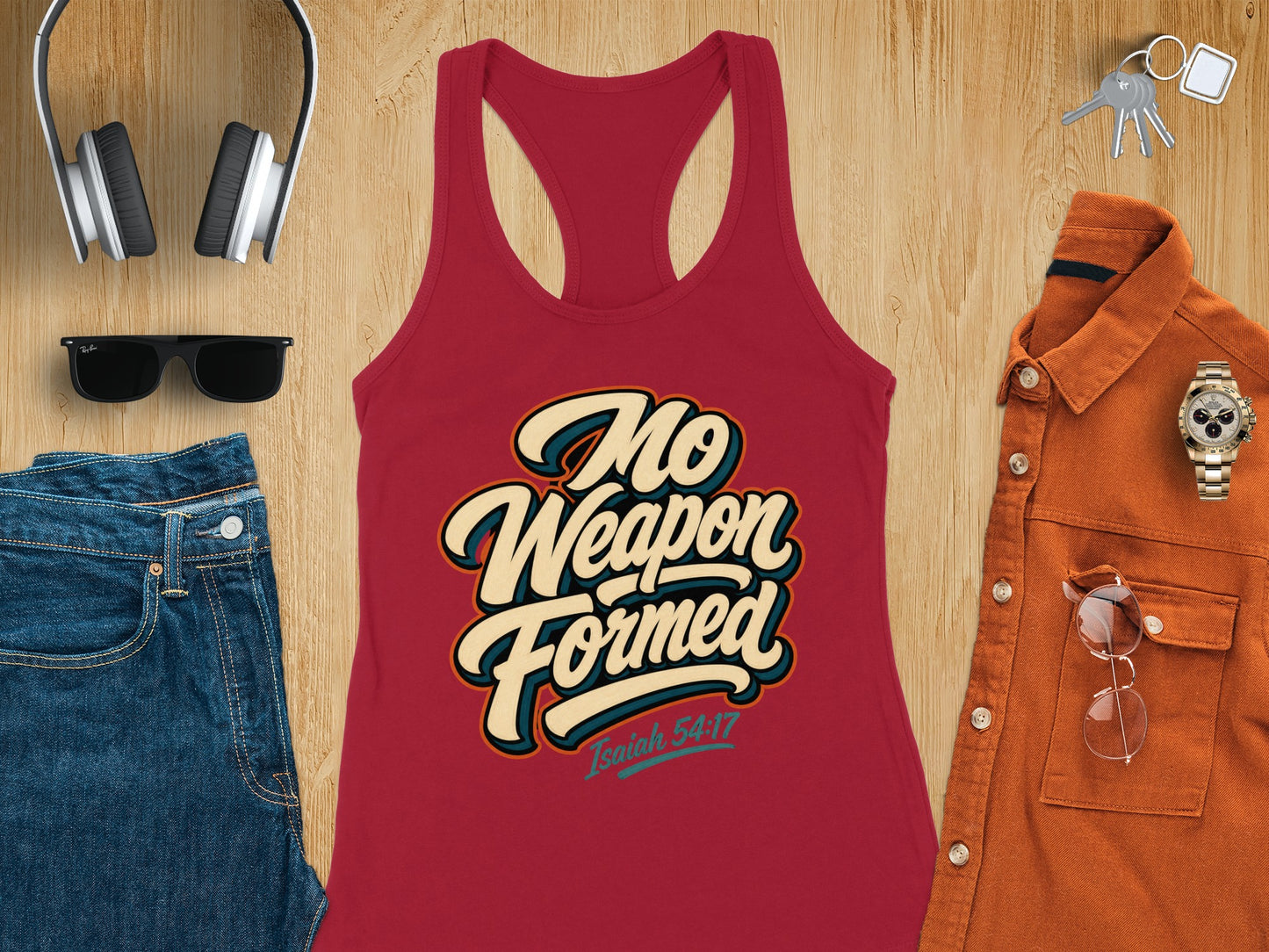 Red tank top with "No Weapon Formed" and "Isaiah 54:17" text.