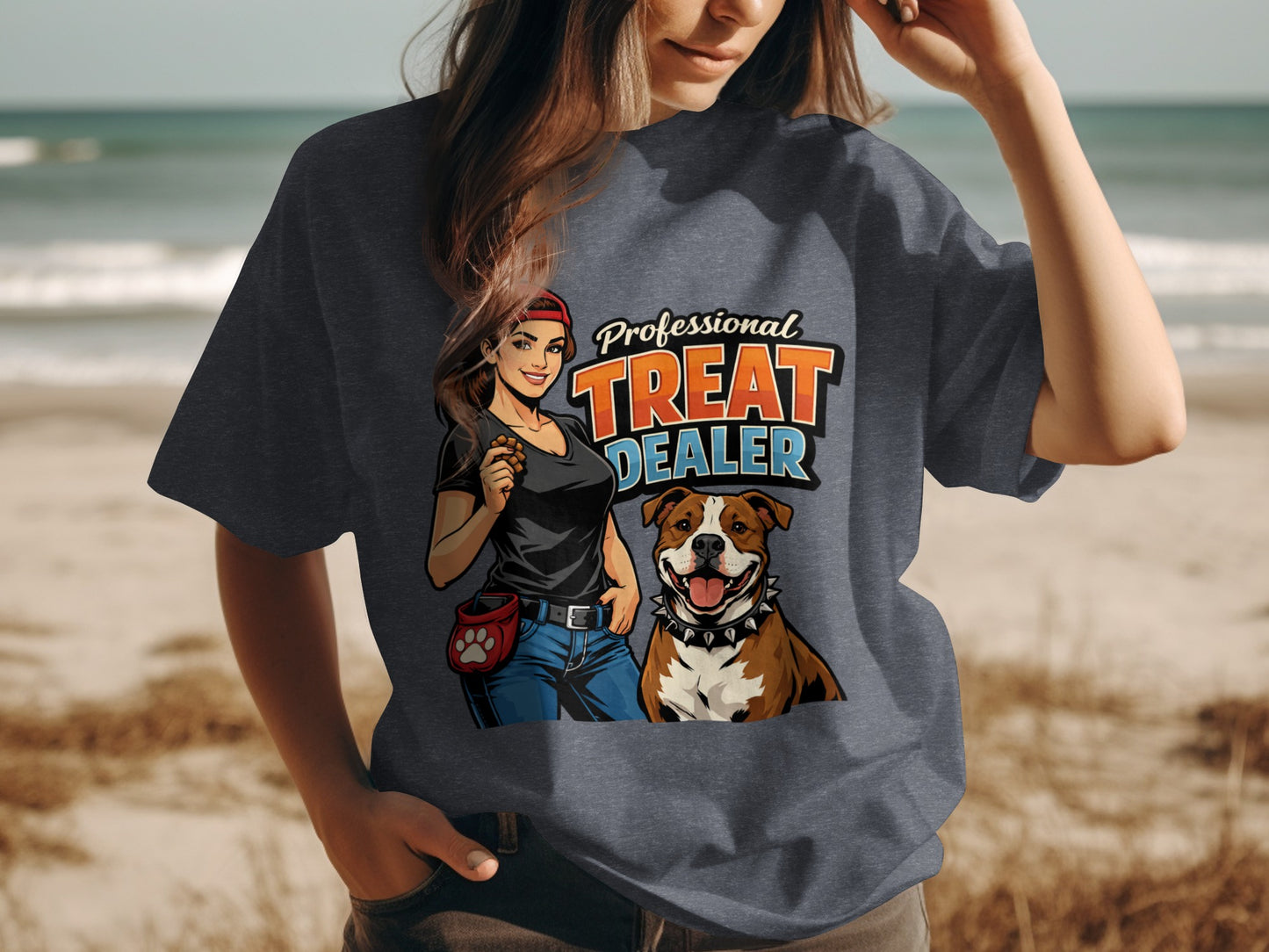 Illustration of a woman and dog with text "Professional Treat Dealer."