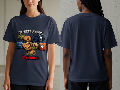 Dark blue t-shirt with graphic of hands in military and sailor uniforms, text "Different Uniforms, Same Blood."