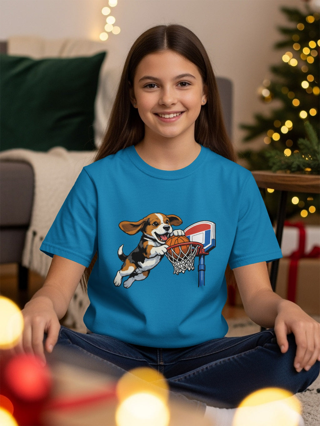 Blue t-shirt with a cartoon beagle playing basketball on the front.