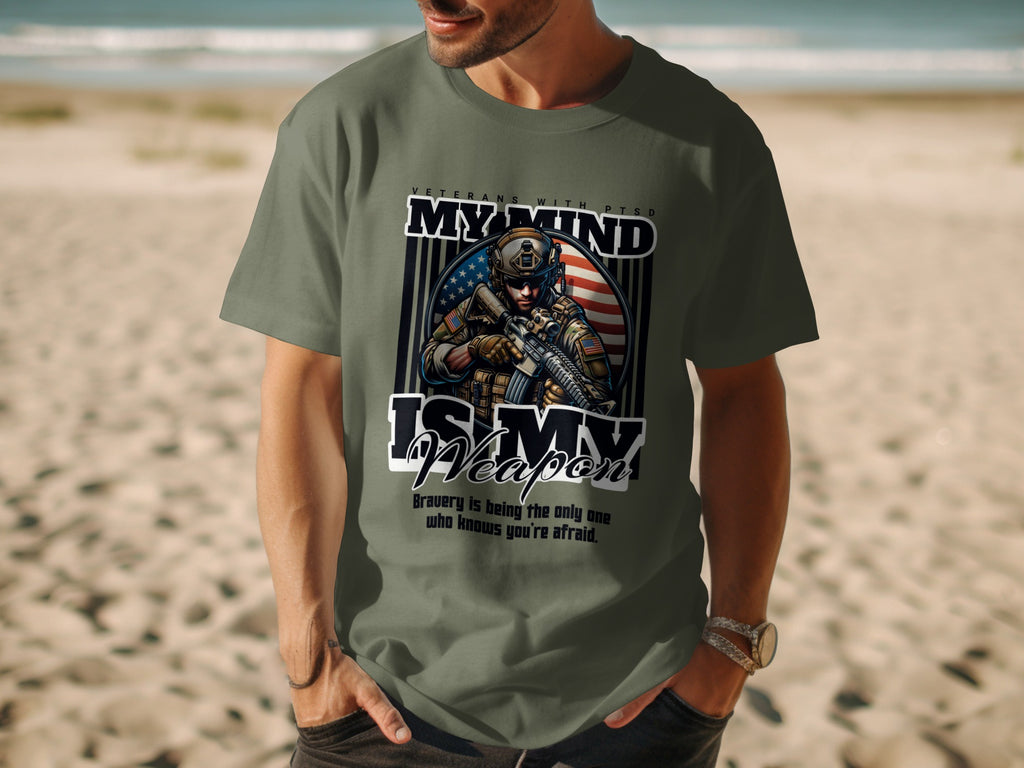 Green t-shirt with "My Mind Is My Weapon" and soldier graphic.