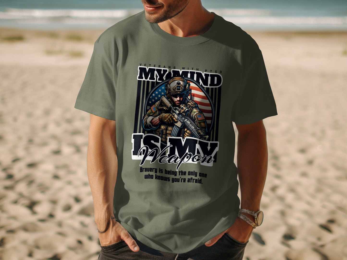 Green t-shirt with "My Mind Is My Weapon" and soldier graphic.