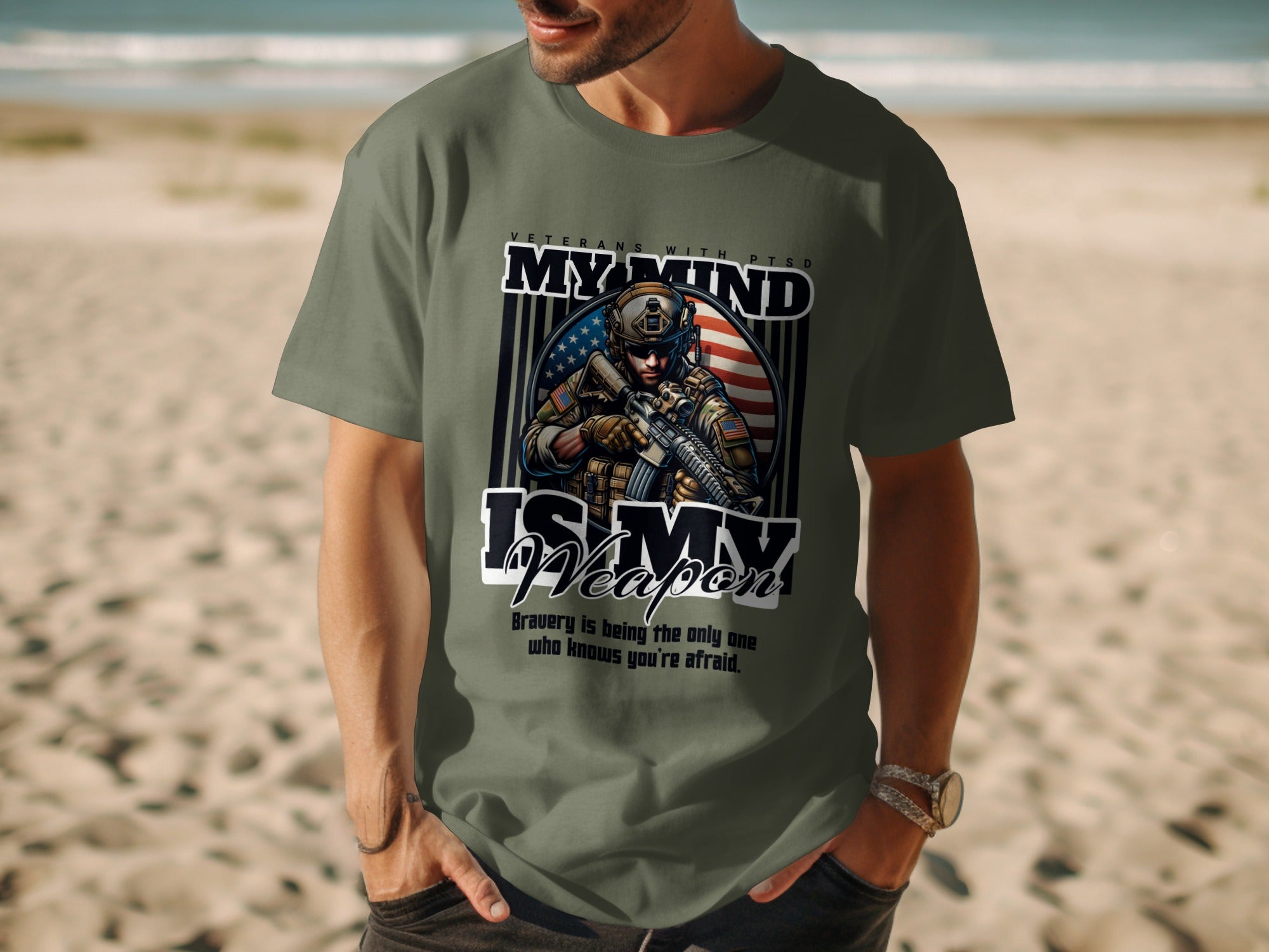 Green t-shirt with "My Mind Is My Weapon" and soldier graphic.