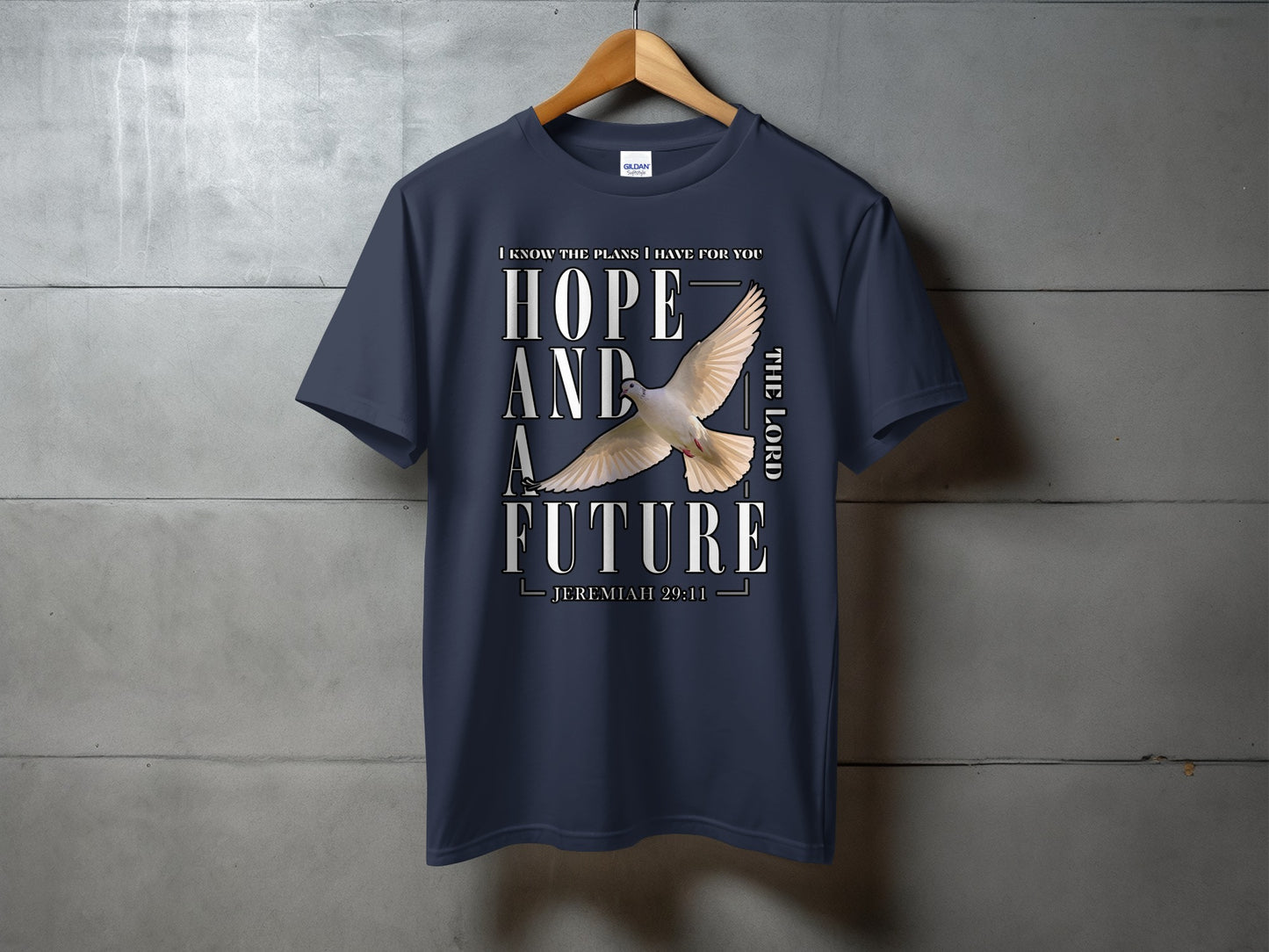 Dark blue t-shirt with dove and "Hope and a Future" text.