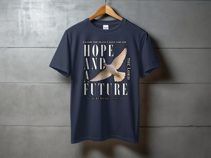 Dark blue t-shirt with dove and "Hope and a Future" text.