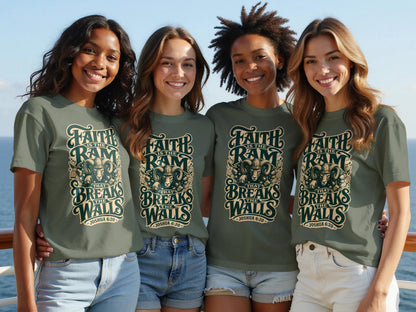 Four women wear olive green t-shirts with text and a ram image.