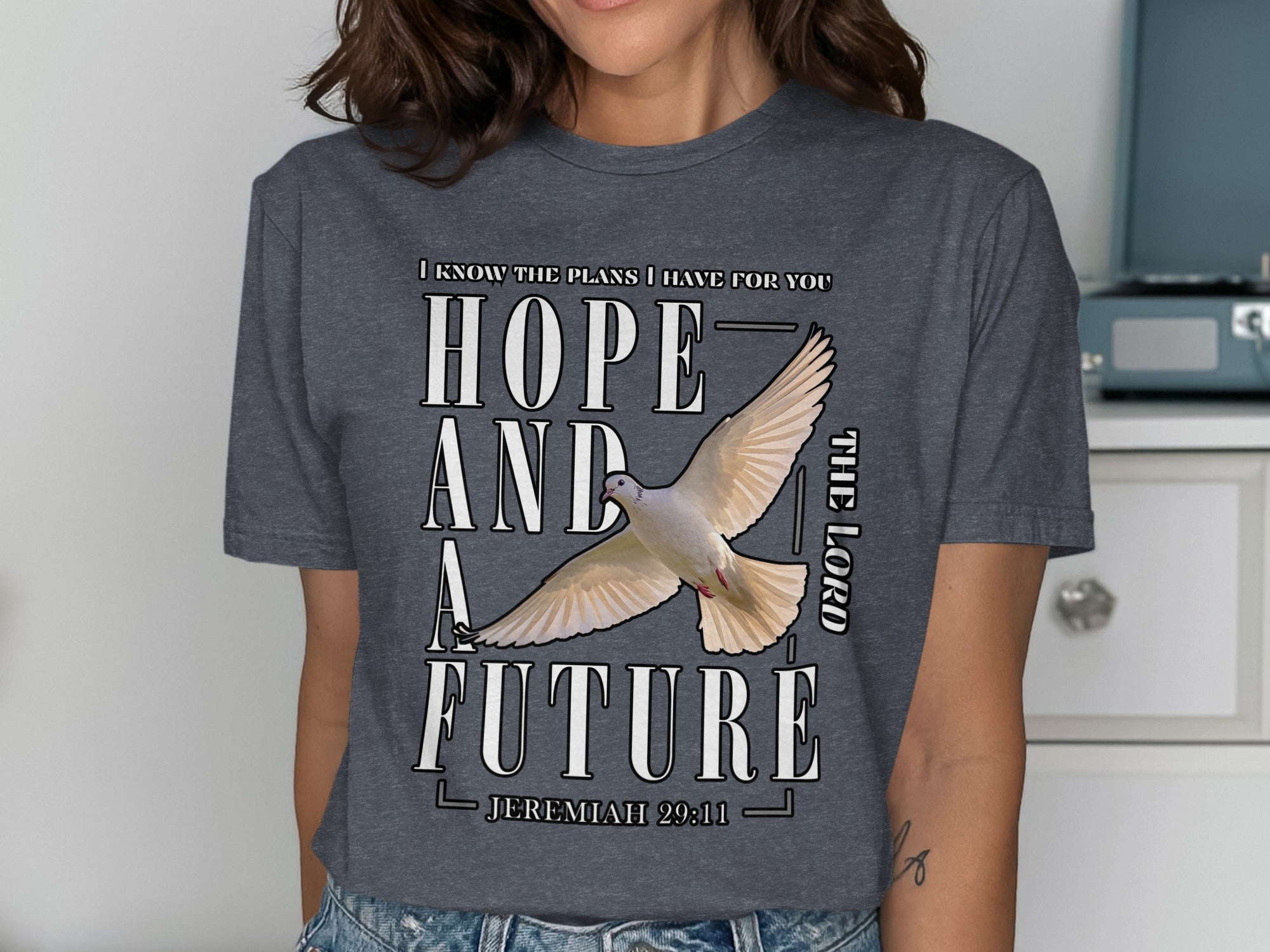 Dark gray t-shirt with "Hope and a Future" and dove, referencing Jeremiah 29:11.