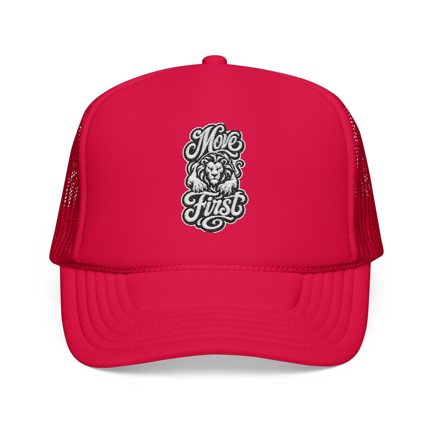 Red trucker hat with embroidered lion and "Move First" text.
