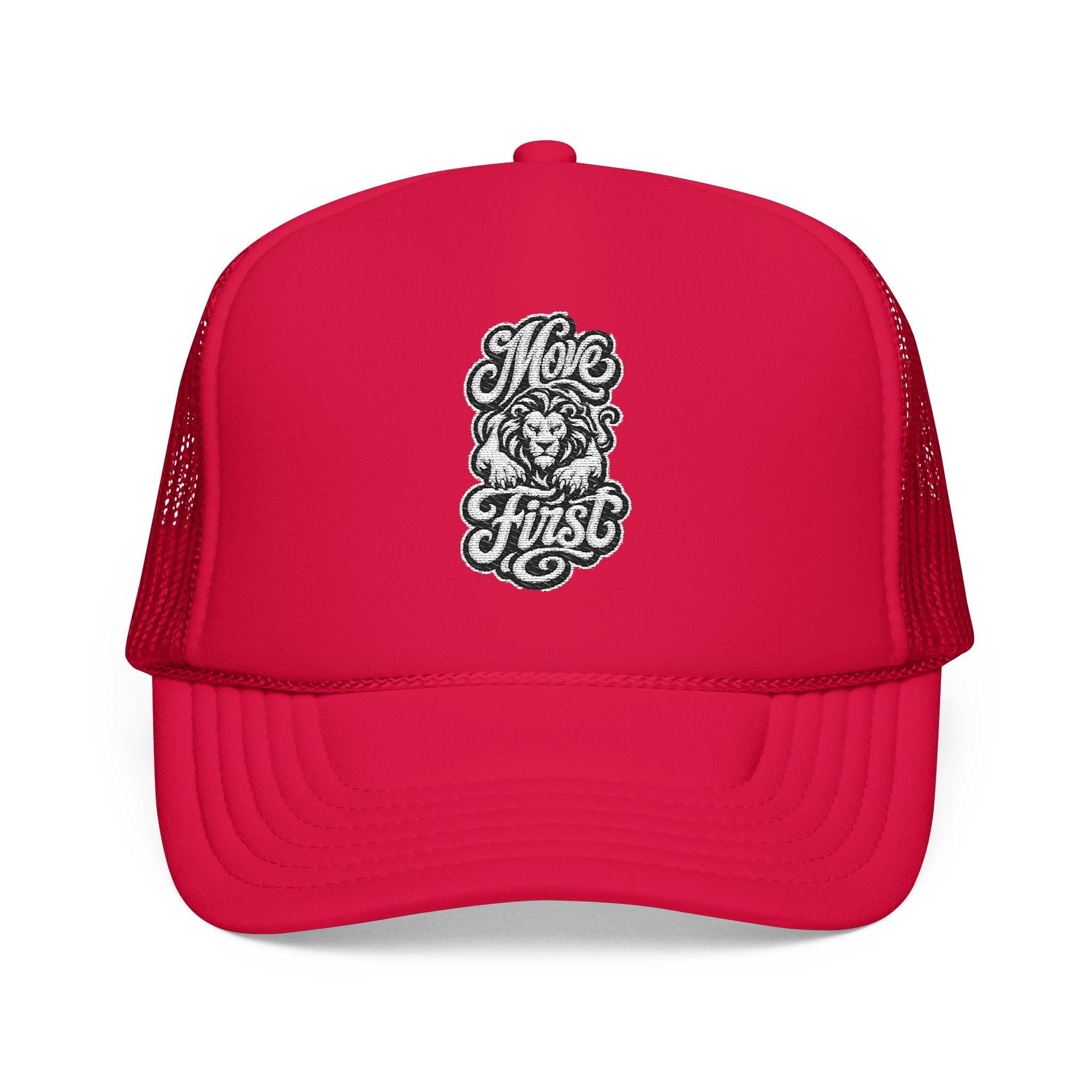 Red trucker hat with embroidered lion and "Move First" text.