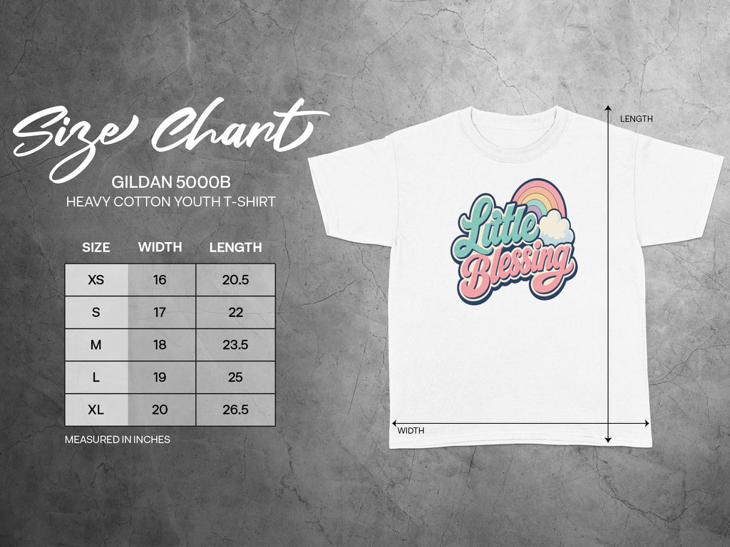 Gildan 5000B youth t-shirt size chart with width and length measurements in inches.