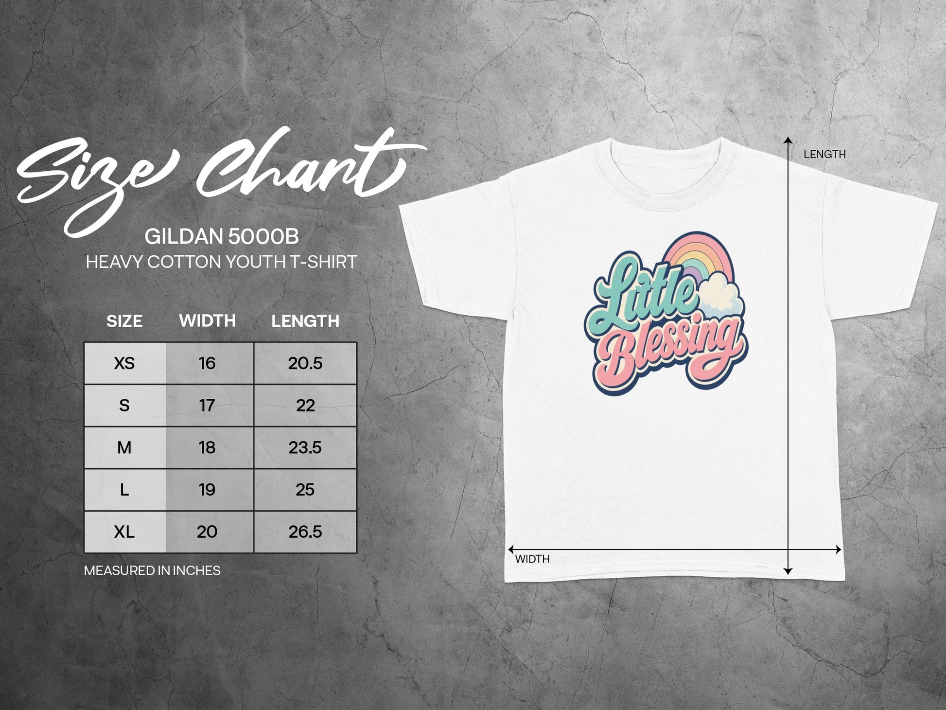Gildan 5000B youth t-shirt size chart with width and length measurements in inches.