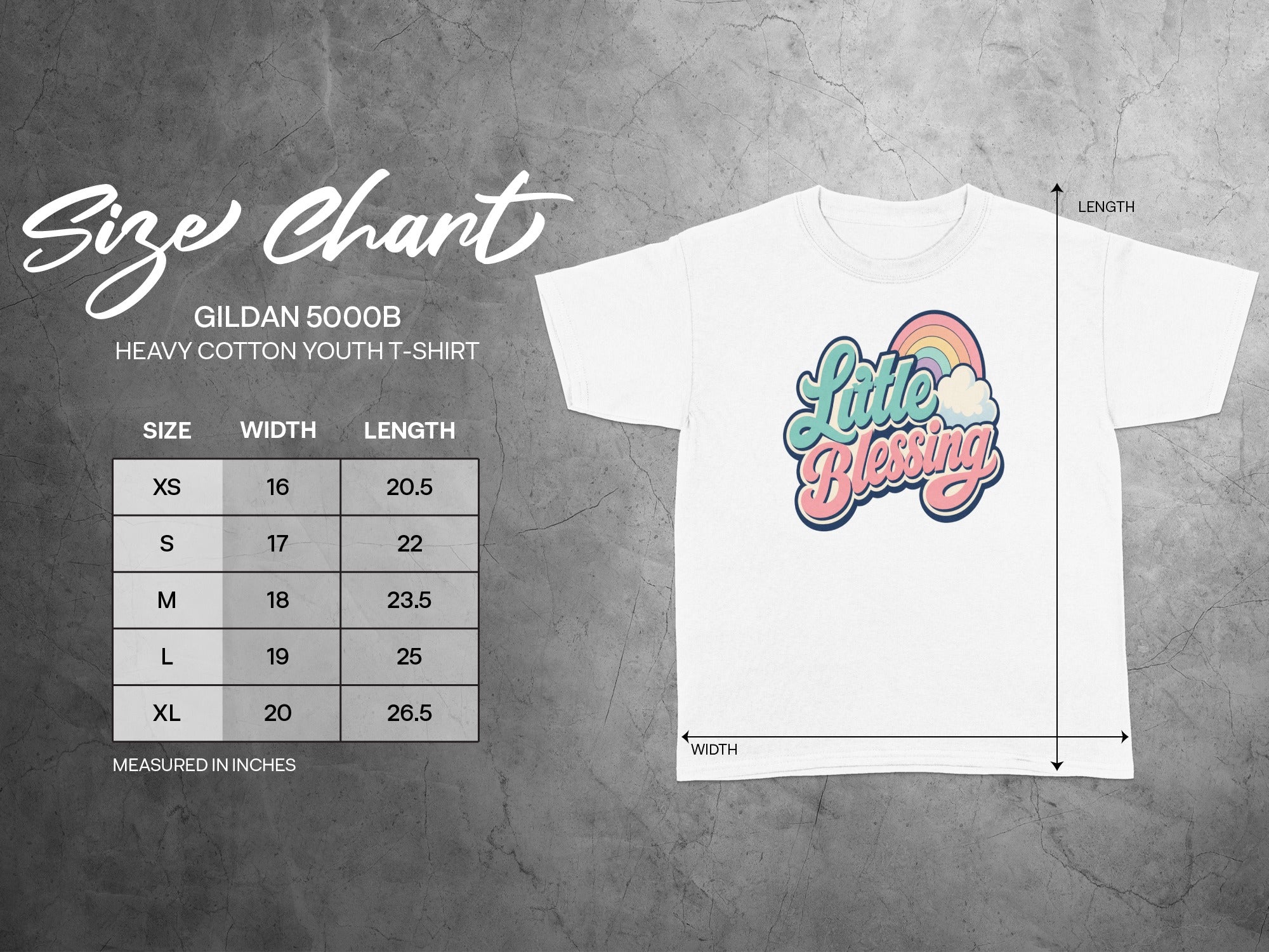 Gildan 5000B youth t-shirt size chart with width and length measurements in inches.
