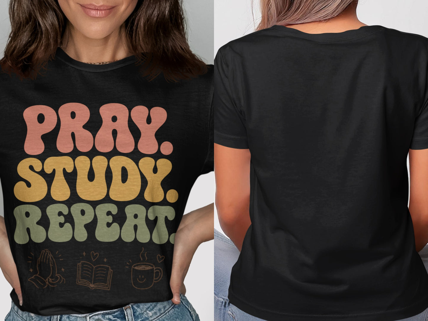 Black t-shirt with "Pray. Study. Repeat." text and small illustrations.
