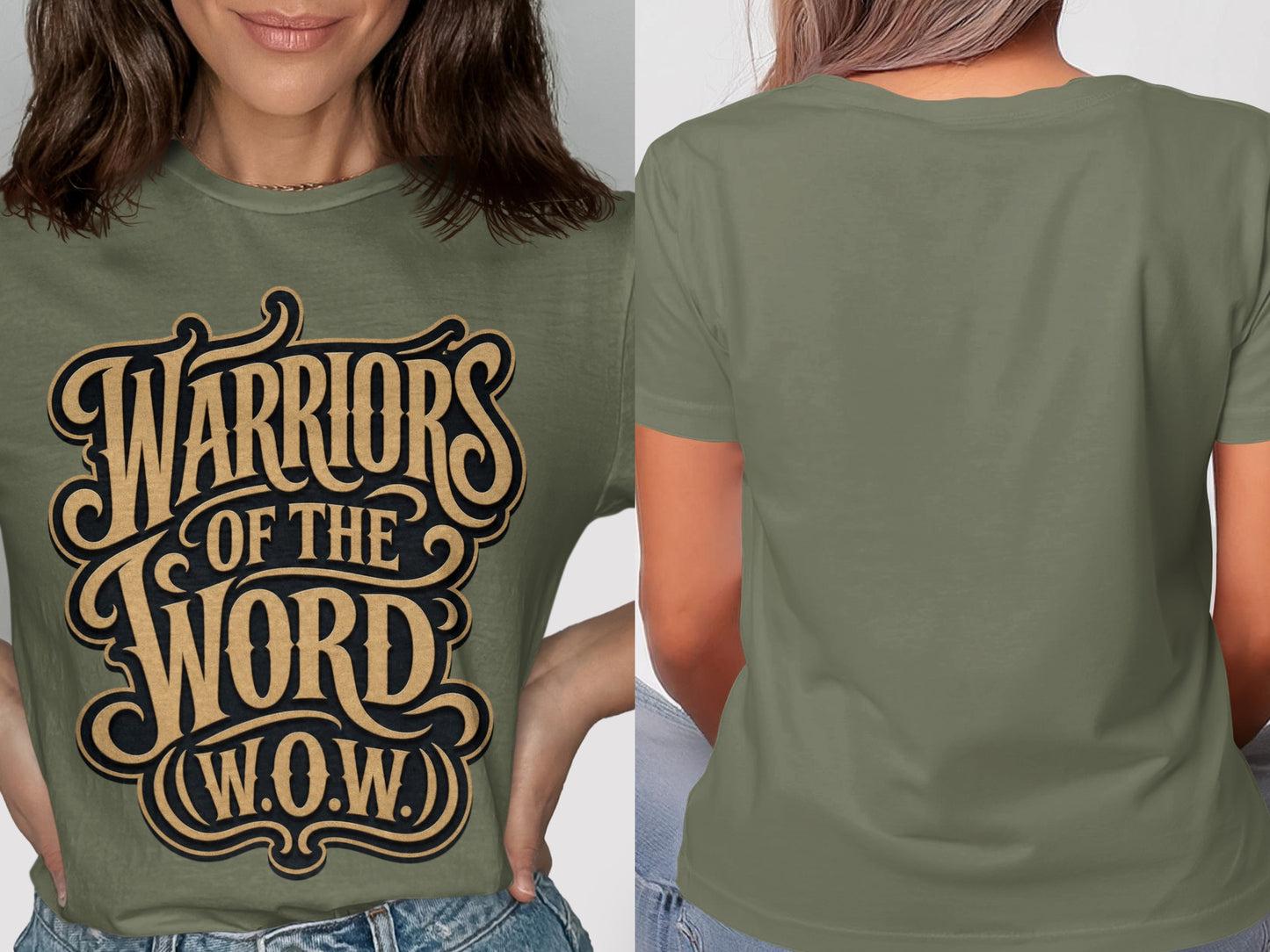Green t-shirt with "Warriors of the Word (W.O.W.)" graphic.