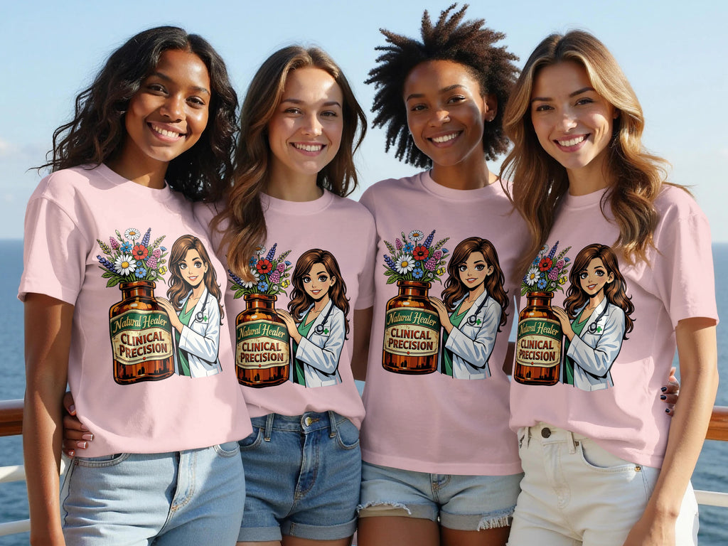 Four women in pink shirts feature identical graphics of a bottle with flowers and "Natural Healer CLINICAL PRECISION" text.